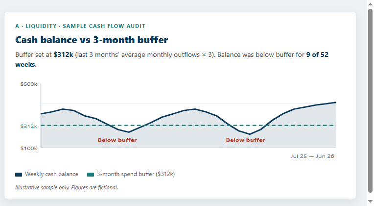 Sample Cash Flow Audit chart showing weekly cash balance dipping below a $312k three-month spend buffer in two stretches