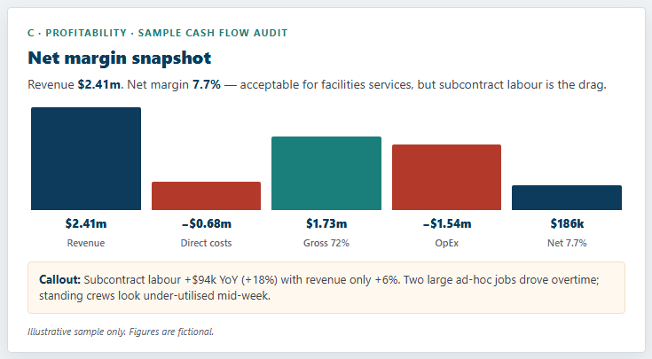 Sample Cash Flow Audit panel showing net margin snapshot from revenue through direct costs, gross, OpEx, to 7.7% net
